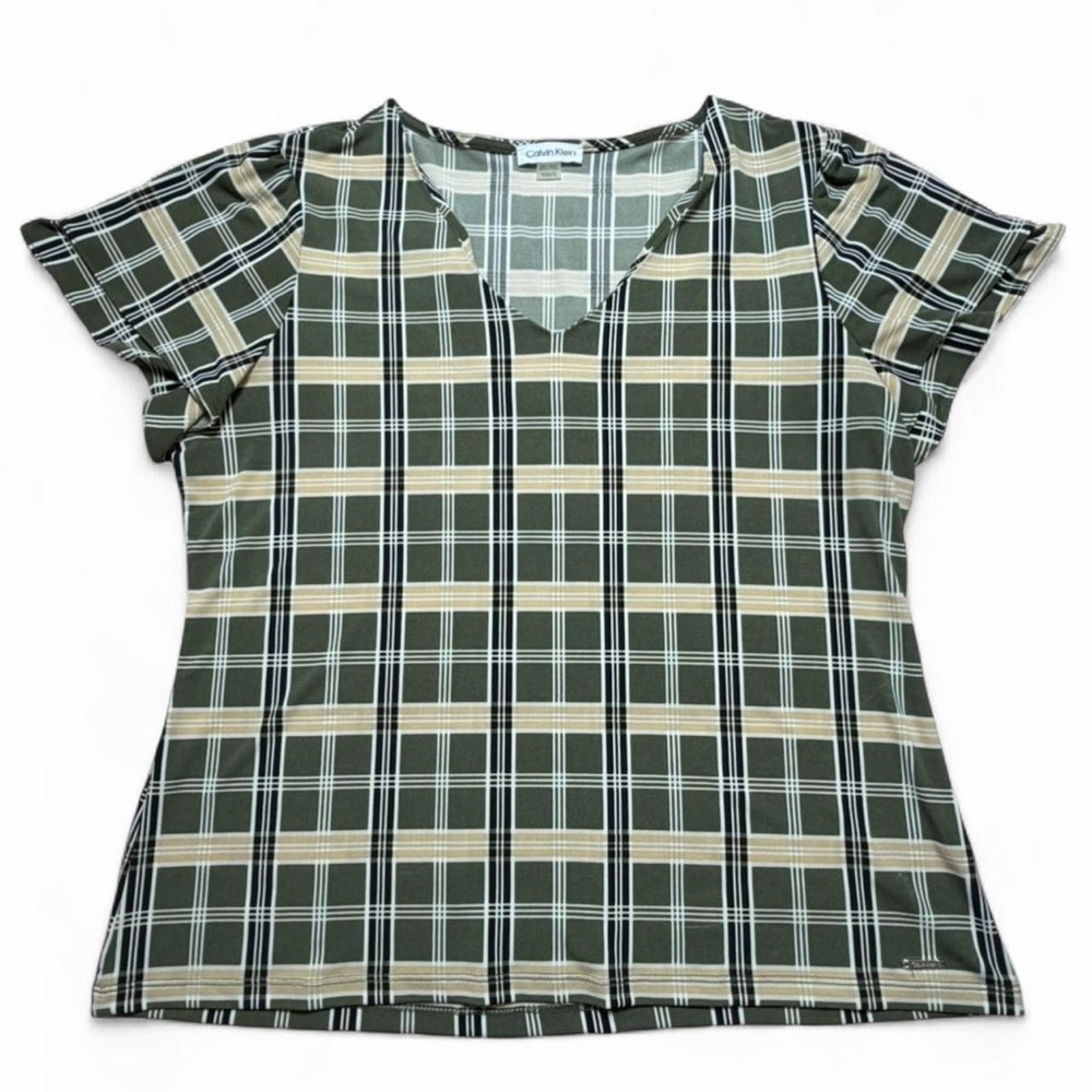 Calvin Klein Olive Plaid V-Neck Blouse – Size XL – Business Casual